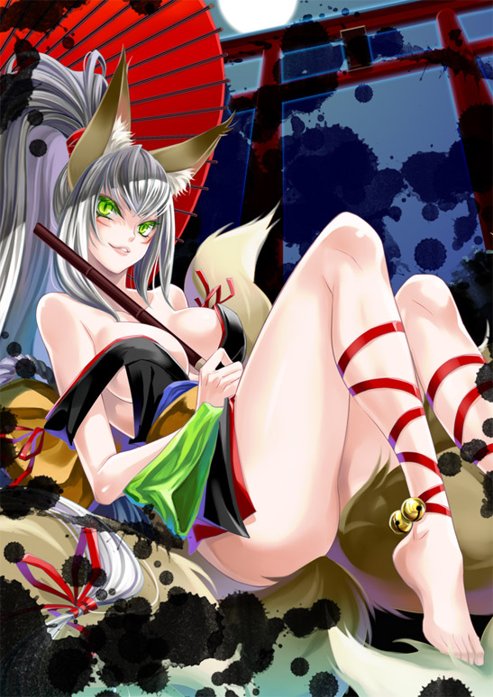 bare_shoulders, barefoot, bell, between_breasts, breasts, colored_eyelashes, facial_mark, feet