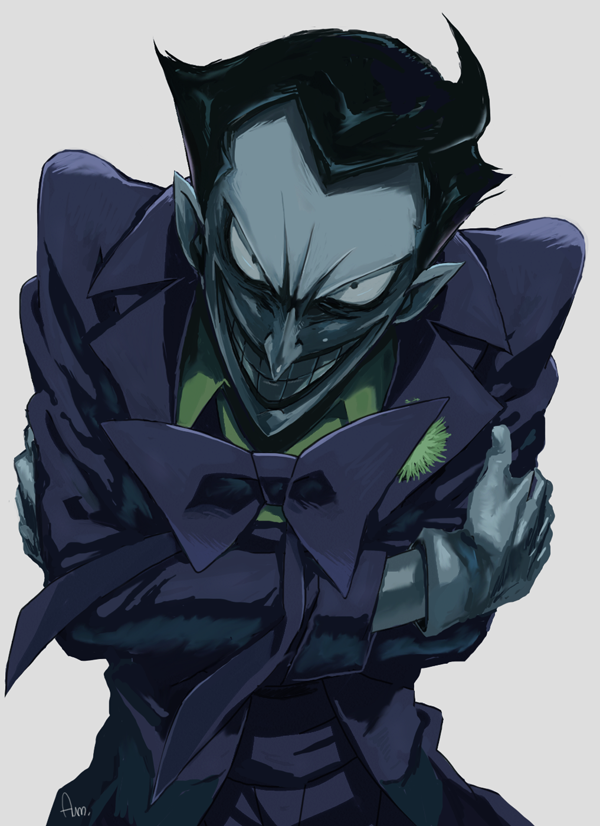 batman_(series), black_hair, bowtie, bust, crossed_arms, dc_comics, face, flower