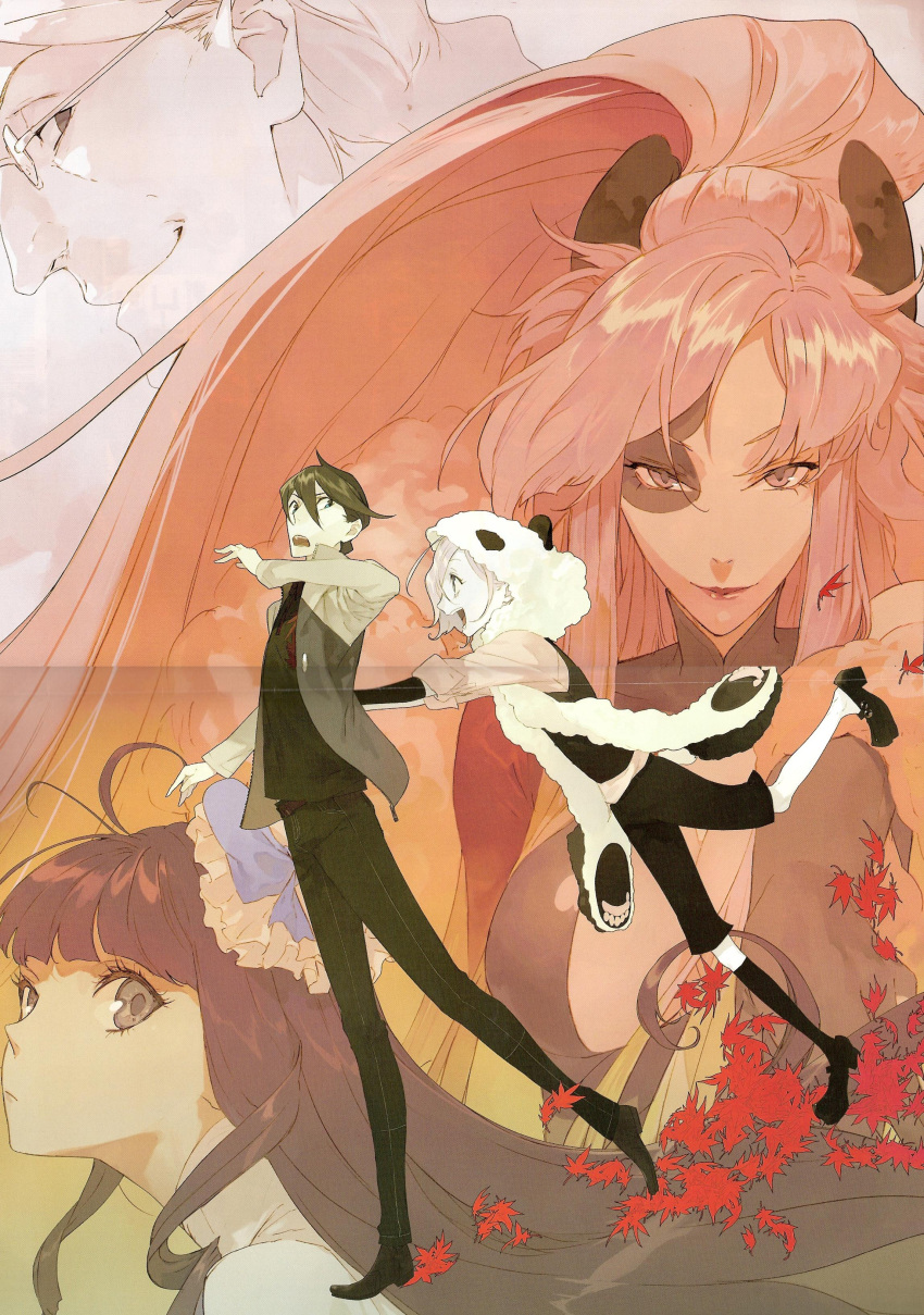 age_difference, blue_eyes, breasts, brown_hair, cleavage, dual_persona, father_and_daughter, glasses, highres, hime_cut, inga, jacket, kaishou_rie, kaishou_rinroku, large_breasts, leaf, lipstick, long_hair, makeup, maple_leaf, official_art, open_mouth, pako, panda_hat, purple_eyes, purple_hair, pushing, scan, scan_artifacts, short_hair, smile, un-go, very_long_hair, violet_eyes, yuuki_shinjuurou
