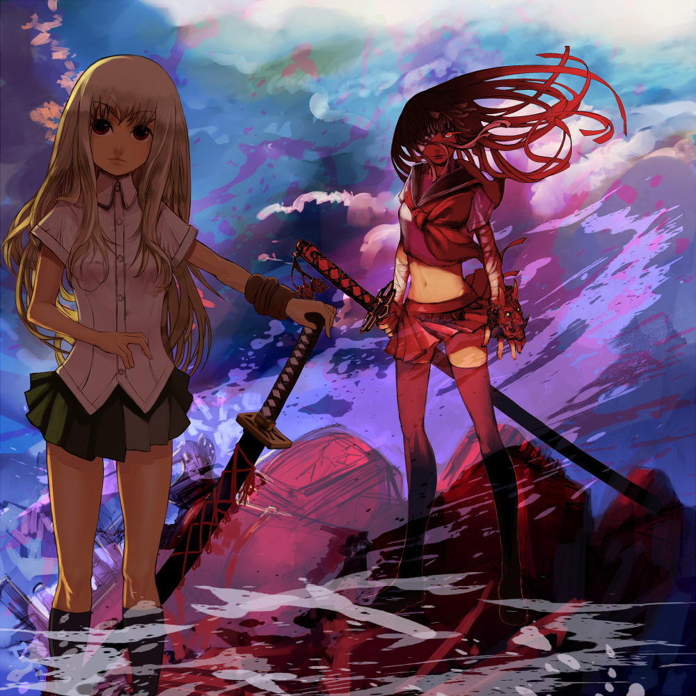 bad_id, black_hair, blonde_hair, blue_eyes, gloves, kansou_samehada, katana, legs