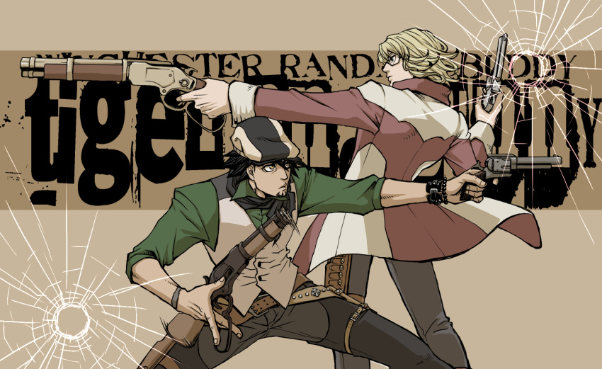 barnaby_brooks_jr, blonde_hair, bracelet, brown_background, brown_eyes, brown_hair, bullet_hole, cabbie_hat