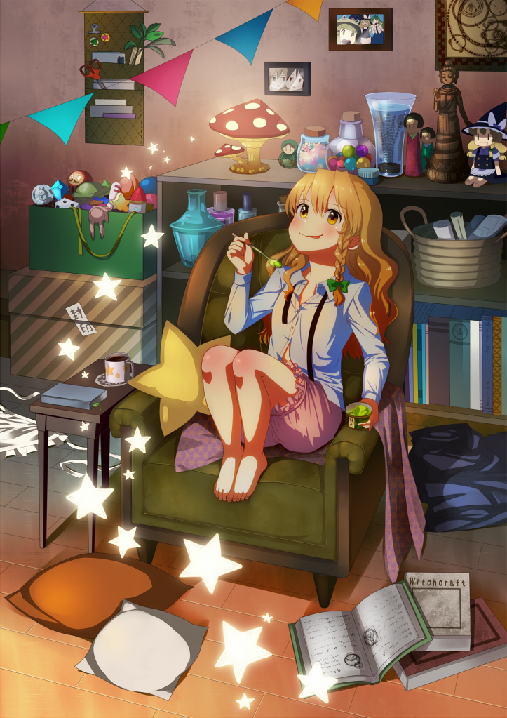 :p, afulu, alternate_costume, armchair, banner, barefoot, basket, blonde_hair