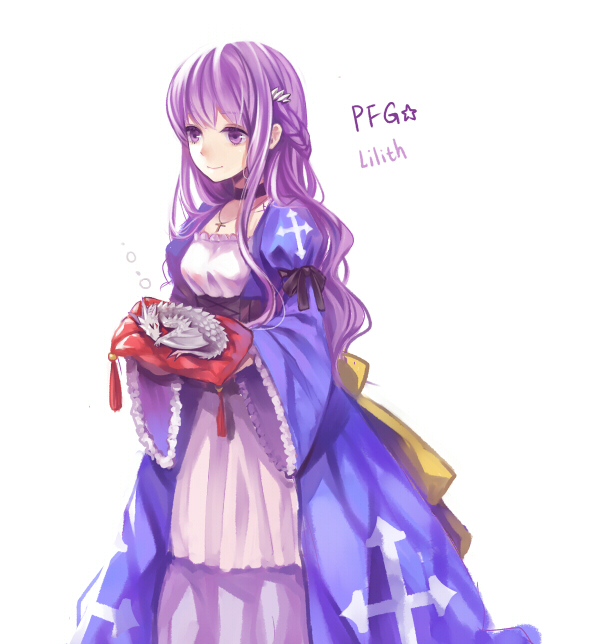 cross, dragon, dress, jewelry, long_hair, momori, necklace, pillow