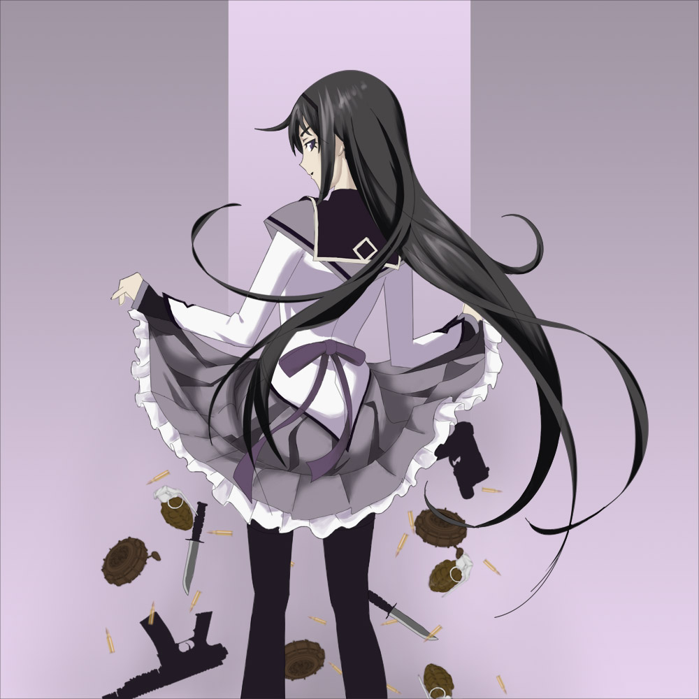 akemi_homura, bakemonogatari, black_hair, bullet, company_connection, curtsey, derivative_work, drawfag, explosive, from_behind, grenade, gun, knife, landmine, long_hair, magical_girl, mahou_shoujo_madoka_magica, monogatari_(series), pantyhose, parody, pistol, purple_eyes, saitou_chiwa, seiyuu_connection, senjougahara_hitagi, shaft, skirt, skirt_hold, skirt_lift, solo, submachine_gun, violet_eyes, weapon