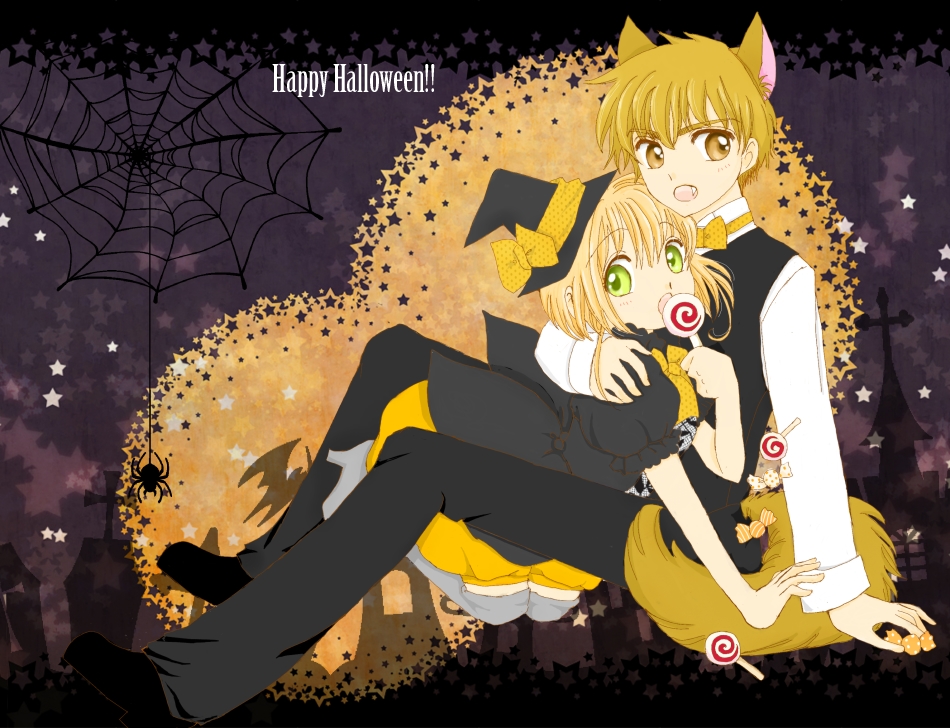1234suzuran, 1girl, animal_ears, bowtie, brown_eyes, brown_hair, candy, card_captor_sakura, cardcaptor_sakura, child, choko_(cosi_cosi), fang, green_eyes, halloween, happy_halloween, hat, kinomoto_sakura, li_xiaolang, lollipop, male, short_hair, tail, thigh-highs, thighhighs, tuxedo, witch_hat, wolf_ears, wolf_tail