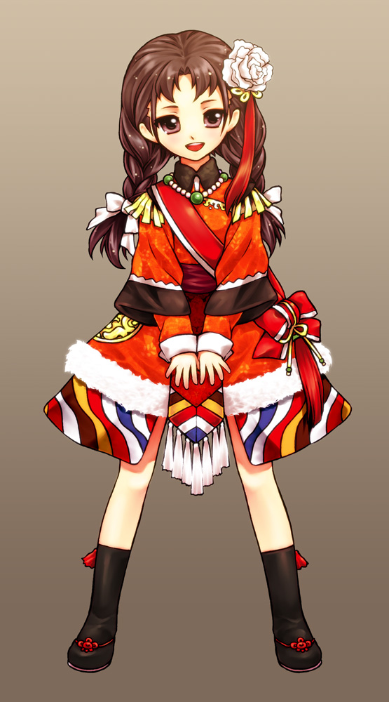 aisin-gioro_puyi, black_legwear, braid, brown_eyes, brown_hair, child, emperor, flower, footwear, genderswap, hair_flower, hair_ornament, long_hair, open_mouth, original, smile, socks, solo, teeth, twin_braids, uniform