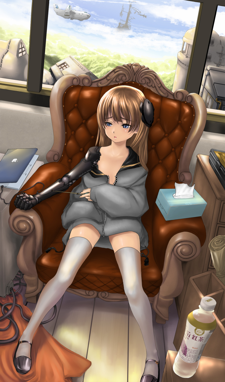 airplane, amputee, apple_inc., blue_eyes, bottle, brown_hair, chair, child, cloud, computer, grey_legwear, hair_ornament, highres, kirin_(company), laptop, long_hair, open_clothes, open_shirt, original, realmbw, robotic_arms, shirt, sitting, sky, solo, thigh-highs, thighhighs, tissue, tissue_box, window