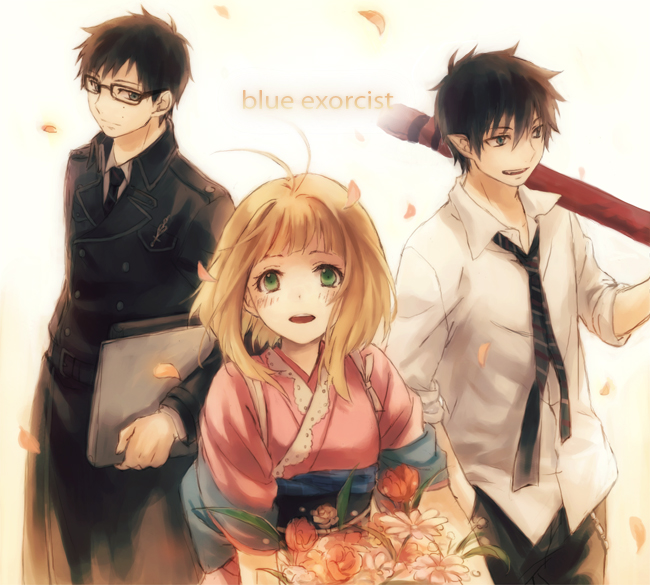 ao_no_exorcist, bad_id, black_hair, blonde_hair, blush, flower, glasses, green_eyes