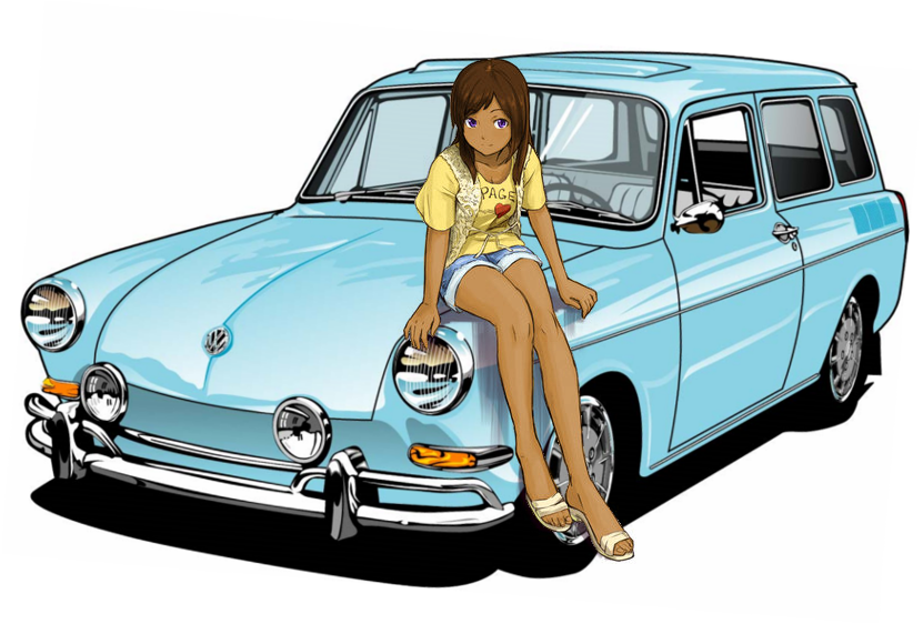 1girl, artist_request, bad_feet, bare_legs, brown_hair, car, dark_skin, denim, denim_shorts, female, left-hand_drive, legs, motor_vehicle, purple_eyes, sandals, short_hair, shorts, sitting, sitting_on_car, solo, vehicle, violet_eyes, volkswagen