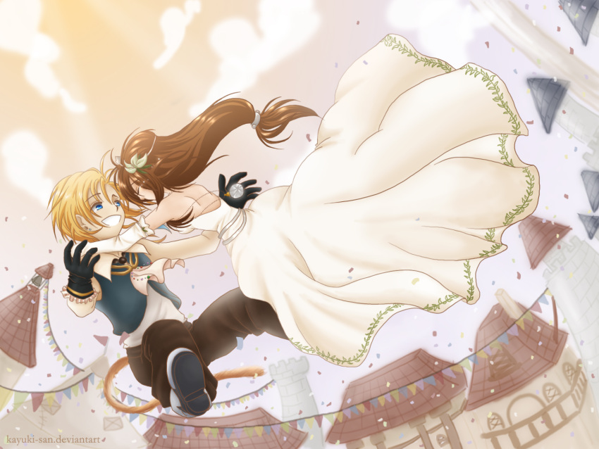 blonde_hair, brown_hair, castle, closed_eyes, couple, dress, festival, final_fantasy