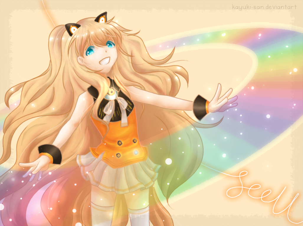 blonde_hair, blue_eyes, kayuki, long_hair, neko_mimi, rainbow, seeu, skirt
