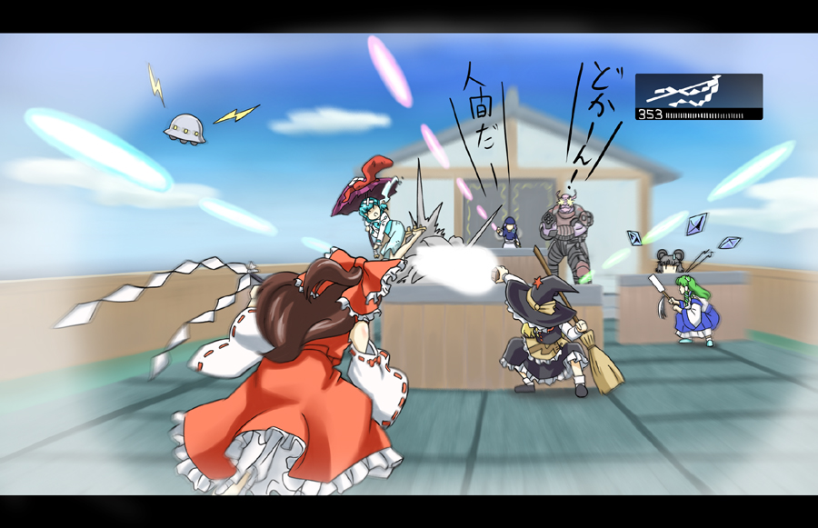boomer_(gears_of_war), danmaku, detached_sleeves, gears_of_war, hakurei_reimu, kirisame_marisa, kochiya_sanae, kumoi_ichirin