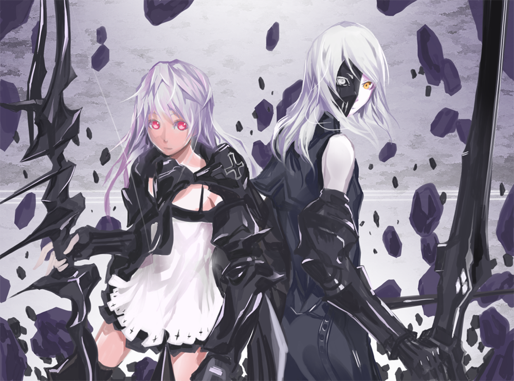 armor, bow_(weapon), debris, focuslight, fortmaster_cleska, gargadia_empire, ishinarimaru_shouten, lavender_hair, long_hair, mask, multiple_girls, pale_skin, pink_eyes, pixiv_fantasia, pixiv_fantasia_5, weapon, white_hair, yellow_eyes