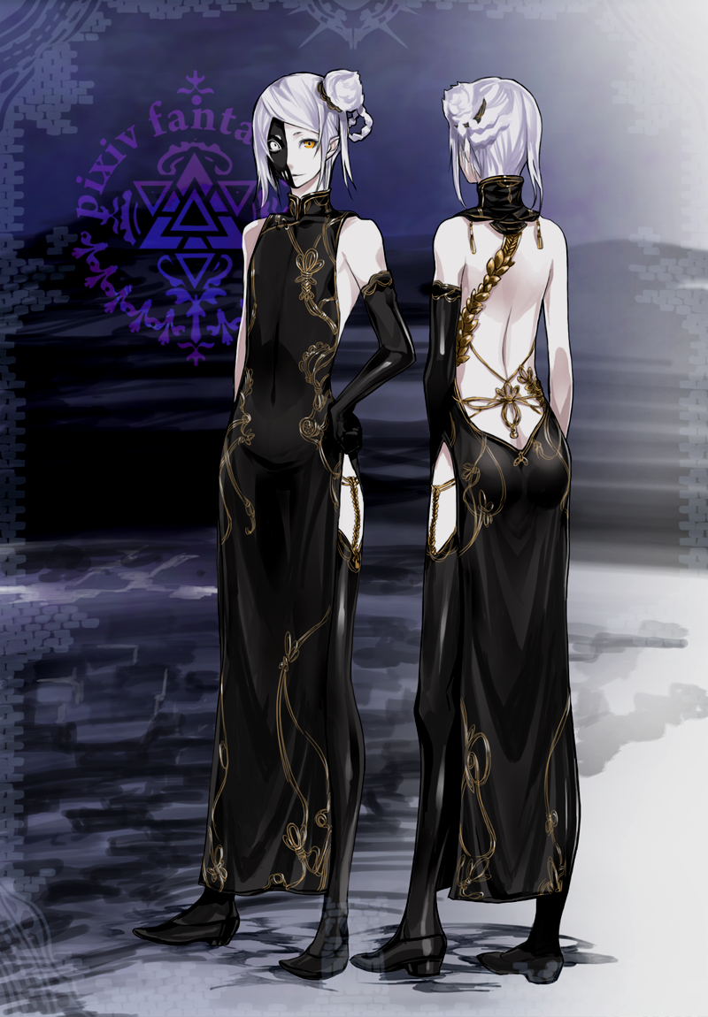back, bare_shoulders, black_legwear, dress, elf, flat_chest, fortmaster_cleska, from_behind
