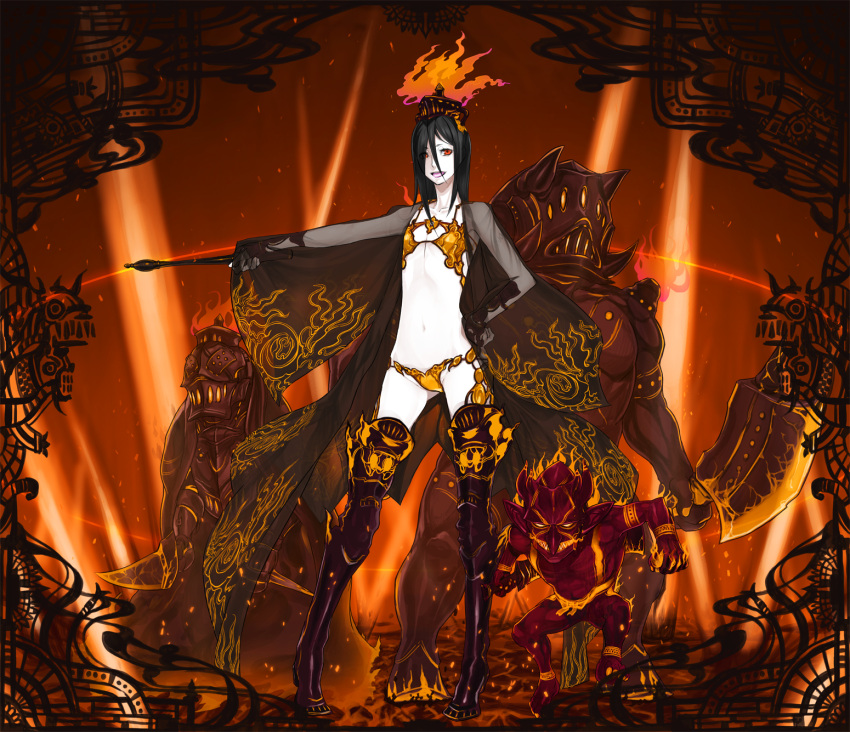 armor, bikini_armor, black_hair, cleaver, fire, flat_chest, goblin, greaves