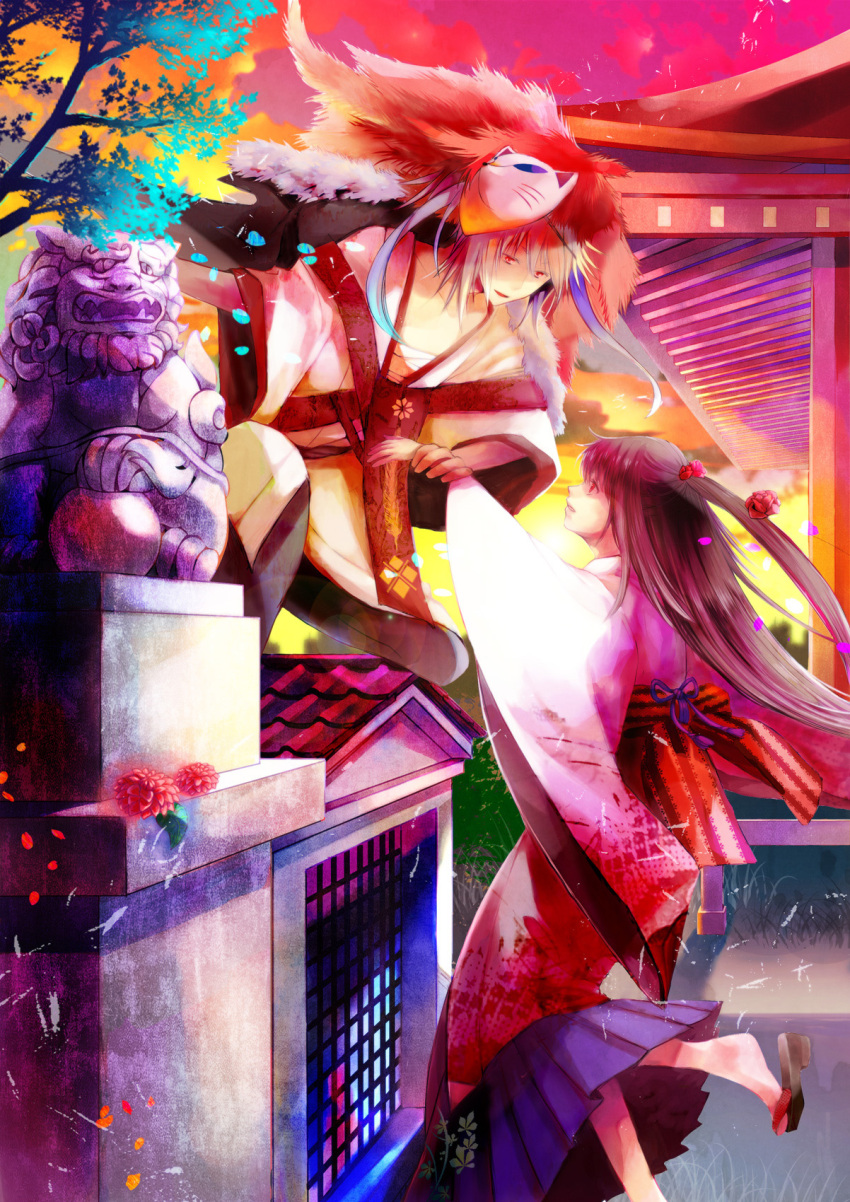 flower, hair_flower, hair_ornament, highres, japanese_clothes, kimono, komainu, long_hair
