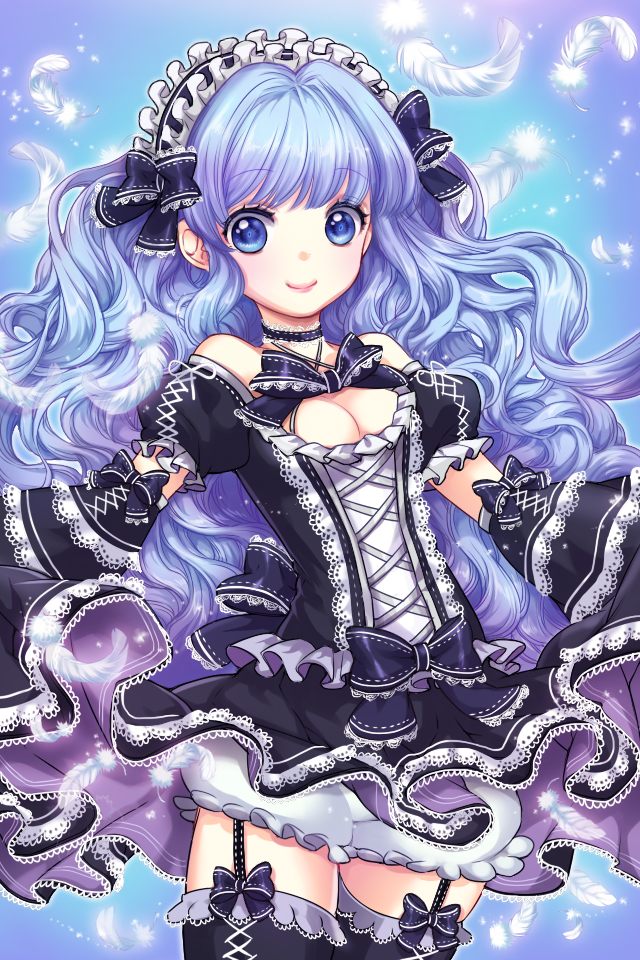 alchemist_clarice, bittersweet_(dalcoms), blue_eyes, blue_hair, blush, bow, breasts, choker, clarice, clarice_(sword_girls), clarice_altheim, cleavage, detached_sleeves, frills, garter_straps, gothic_lolita, hairband, lace, lolita_fashion, long_hair, looking_at_viewer, skirt, smile, solo, sword_girls, thigh-highs, thighhighs, wavy_hair