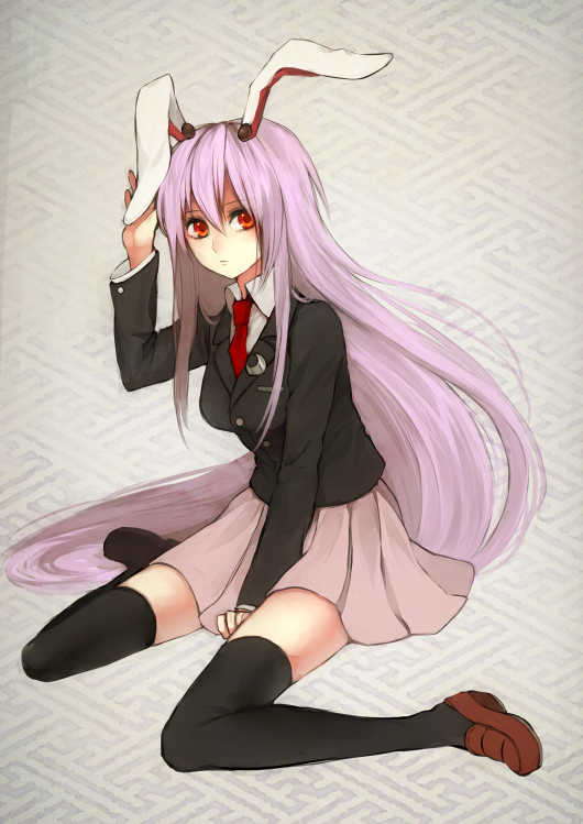 animal_ears, bad_id, black_legwear, blazer, bunny_ears, crescent, dress_shirt, lavender_hair