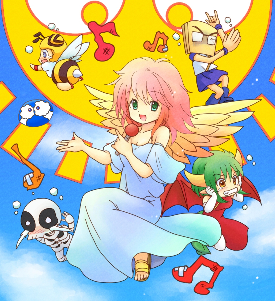 2girls, arle_nadja, arle_nadja_(cosplay), bee_girl, broken_glasses, bruise, choppun, cloud, covering_ears, demon_wings, draco_centauros, dress, eijima_moko, fang, glasses, harpy_(puyopuyo), honey_bee, horns, injury, madou_monogatari, microphone, musical_note, open_mouth, pink_hair, puyopuyo, red_hair, redhead, satan_(puyopuyo), singing, skeleton, sky, smile, sun, tears, wings