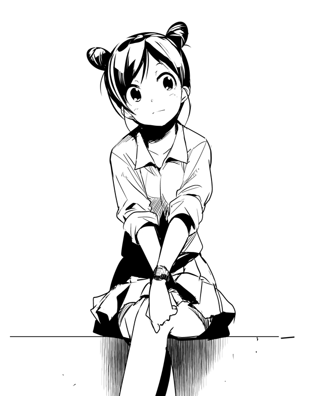 crossed_legs, double_bun, hairbuns, legs_crossed, monochrome, sitting, skirt, solo