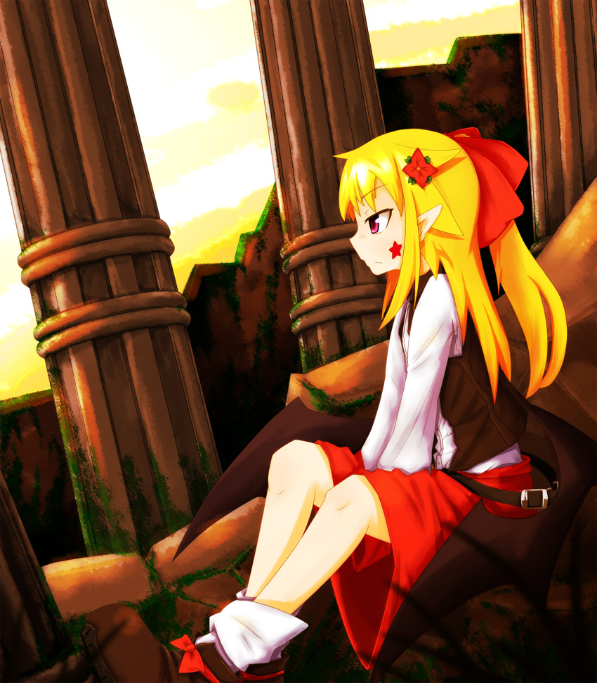 bat_wings, belt, blonde_hair, bow, bowtie, buckle, column, dusk, dutch_angle, elis_(touhou), facepaint, flower, green_eyes, hair_bow, hair_flower, hair_ornament, highres, pillar, pointy_ears, ribbon, ruins, sitting, skirt, solo, star, touhou, touhou_(pc-98), viki00, wings