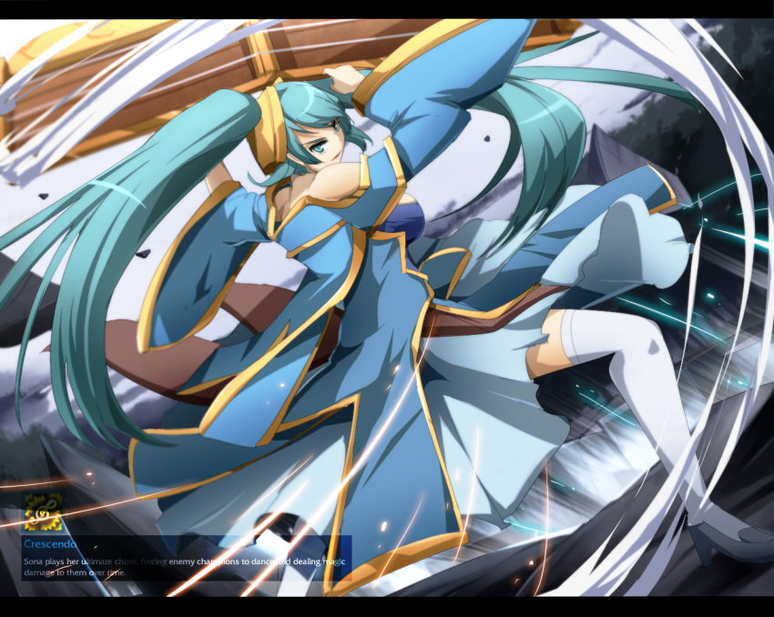 bare_shoulders, etwahl, high_heels, instrument, league_of_legends, long_hair, shoes, solo