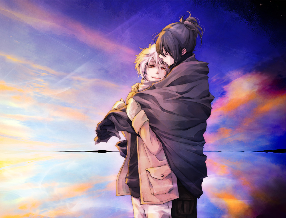albino, black_hair, closed_eyes, eyes_closed, gloves, hug, hug_from_behind, jacket