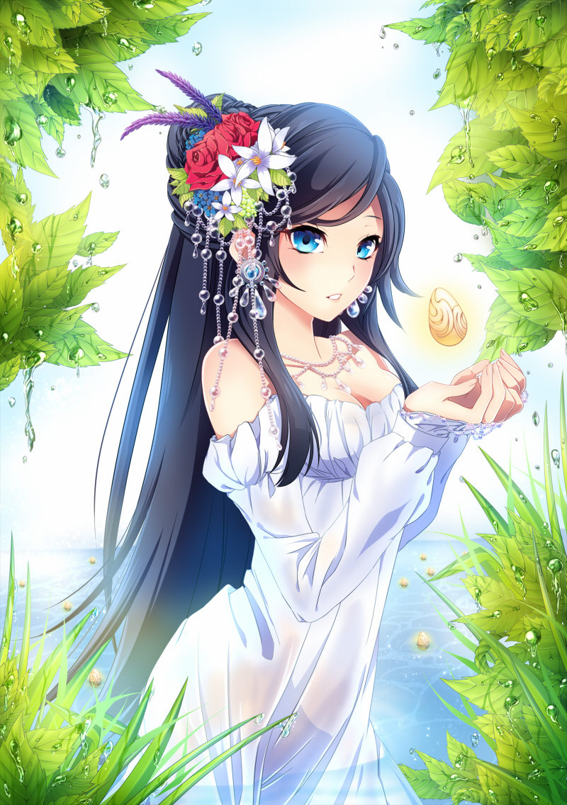 black_hair, blue_eyes, breasts, cleavage, collar, dew, dew_drop, dress, earrings, flower, gold, hair_flower, hair_ornament, hands, jewelry, kishichi, leaf, long_hair, original, rose, water, water_drop, wet