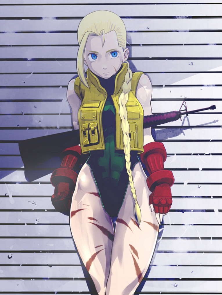 blonde_hair, blue_eyes, bodypaint, braid, cammy_white, fingerless_gloves, gloves, gun