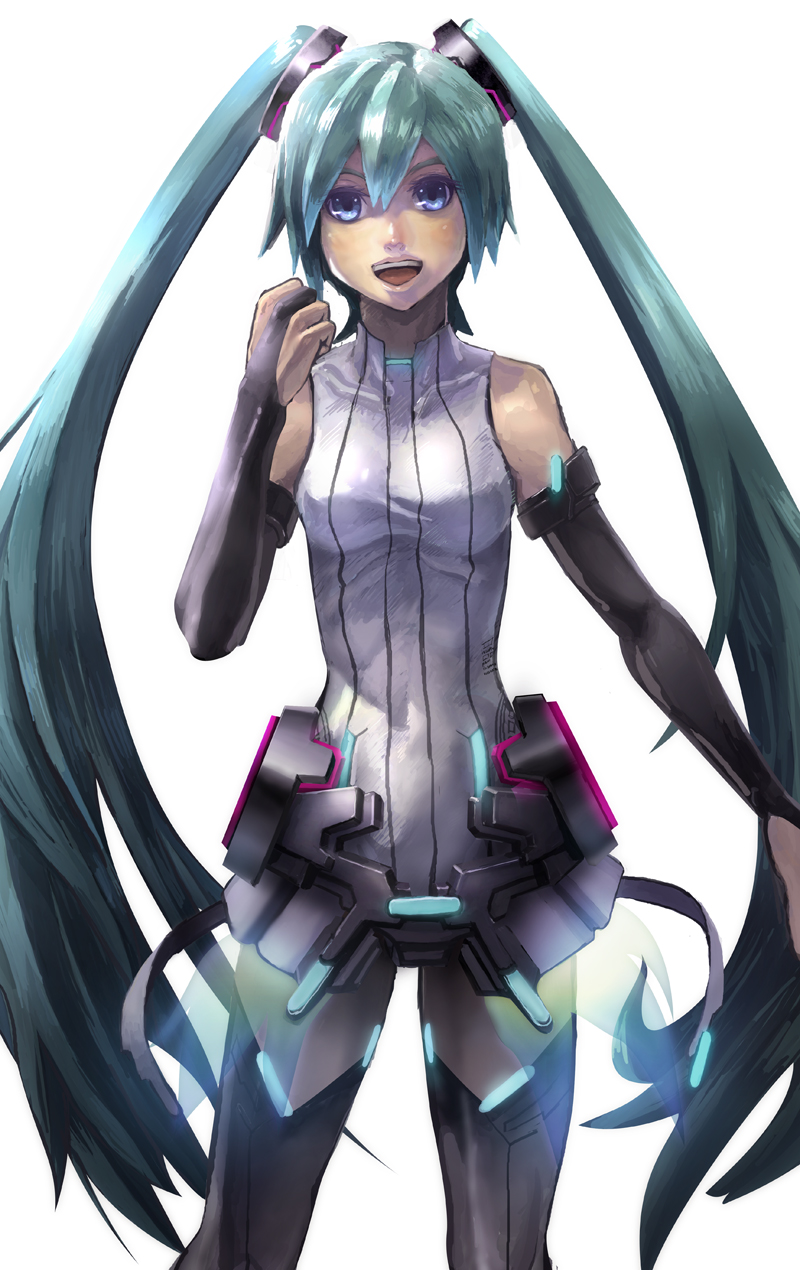 aqua_hair, blue_eyes, bridal_gauntlets, elbow_gloves, fingerless_gloves, gloves, h-moka, hatsune_miku, hatsune_miku_(append), highres, long_hair, miku_append, necktie, okg, open_mouth, simple_background, smile, solo, thigh-highs, thighhighs, twintails, very_long_hair, vocaloid, vocaloid_append, zettai_ryouiki