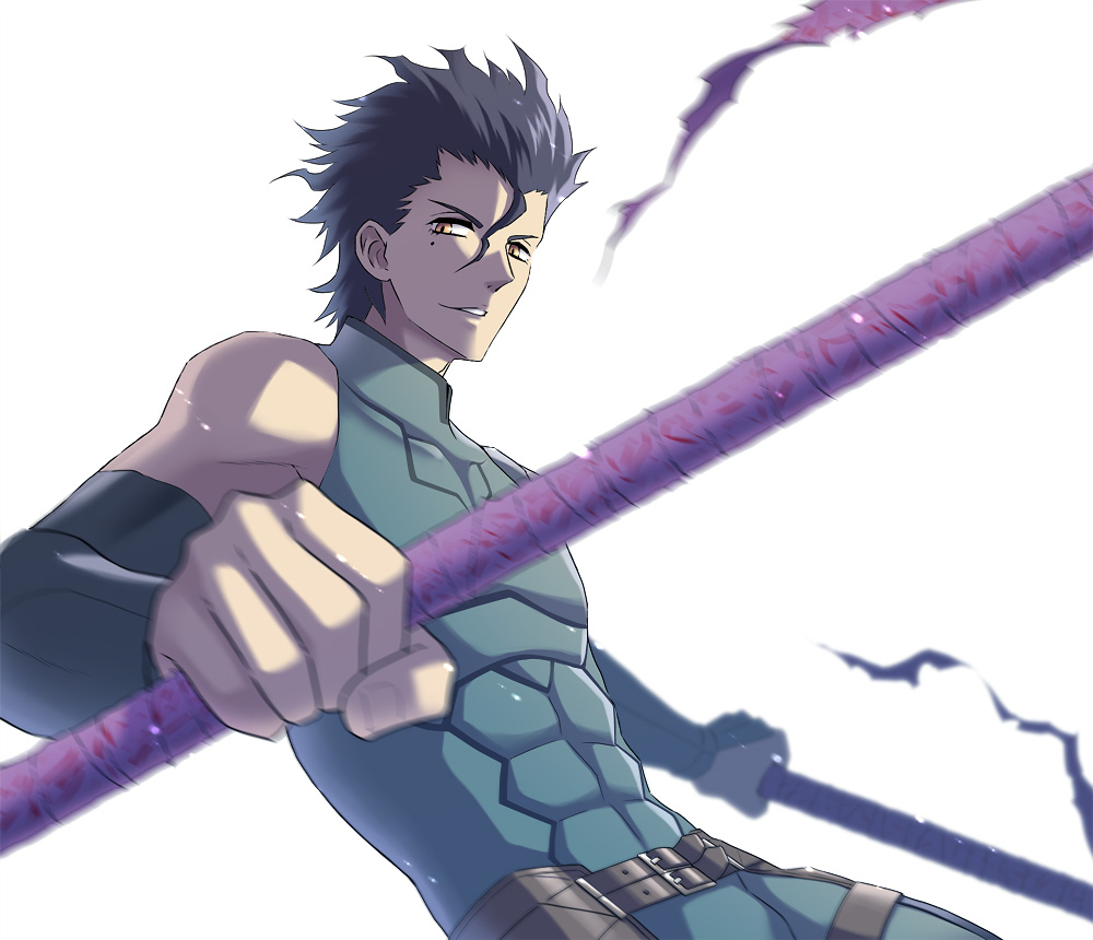 armor, belt, black_hair, blurry, depth_of_field, dual_wielding, fate/stay_night, fate/zero