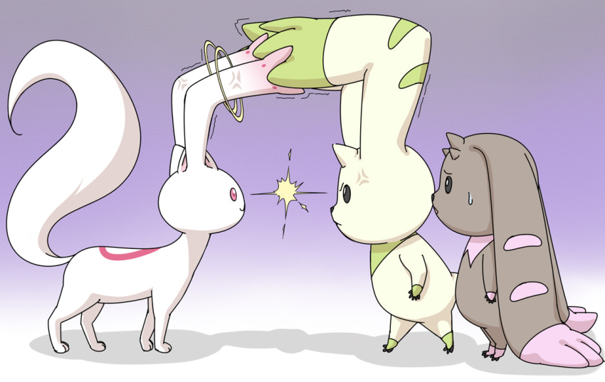 angry, crossover, digimon, digimon_tamers, fighting, kyubey, lopmon, mahou_shoujo_madoka_magica, no_humans, shougi_(116), terriermon