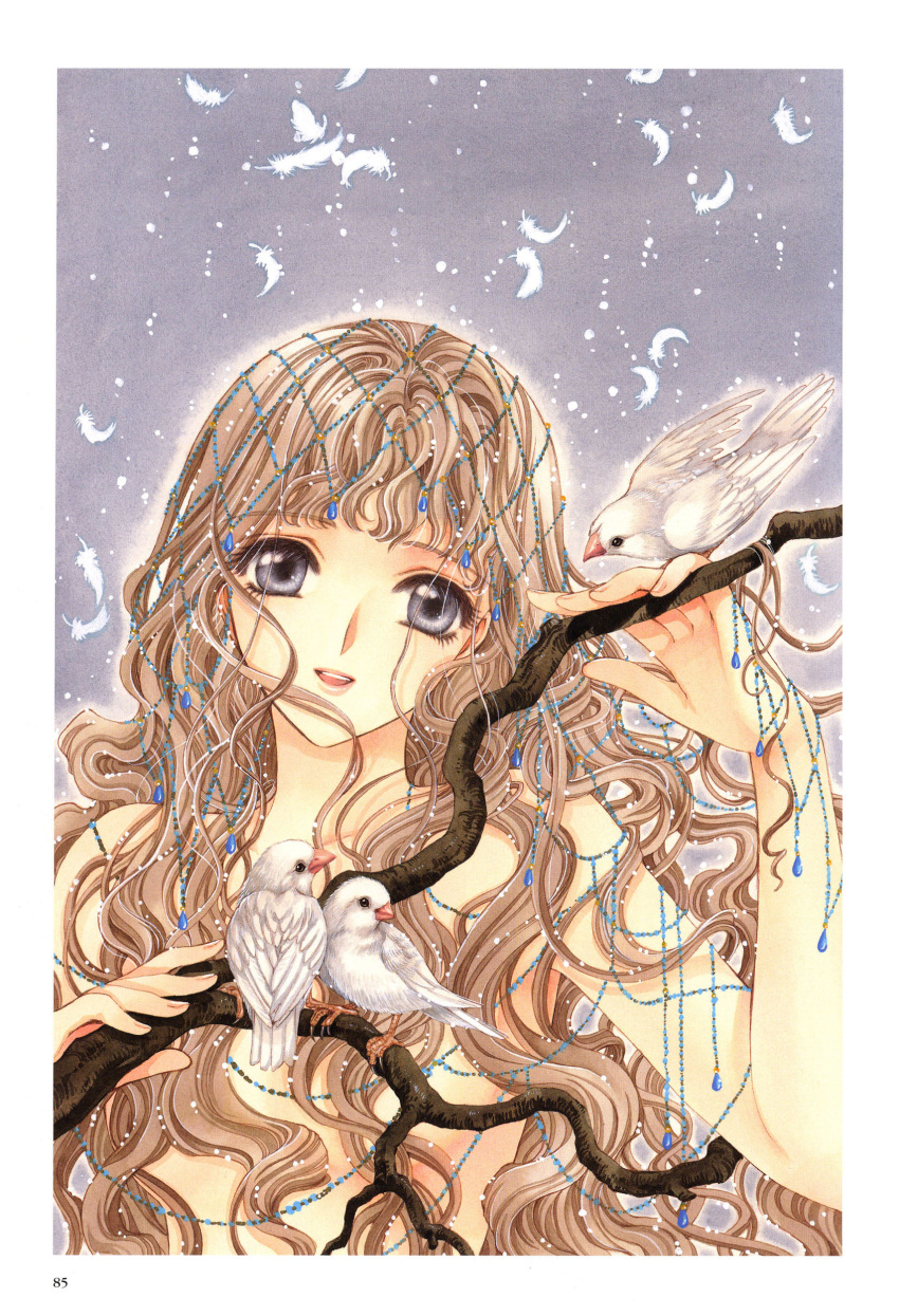 absurdres, bird, branch, brown_eyes, brown_hair, clamp, eyelashes, face
