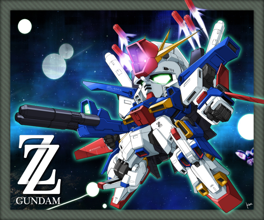 border, chibi, glowing, glowing_eyes, gun, gundam, gundam_zz, kaz_(kaz323), mecha, missile, missiles, no_humans, qubeley, solo, space, weapon, zz_gundam