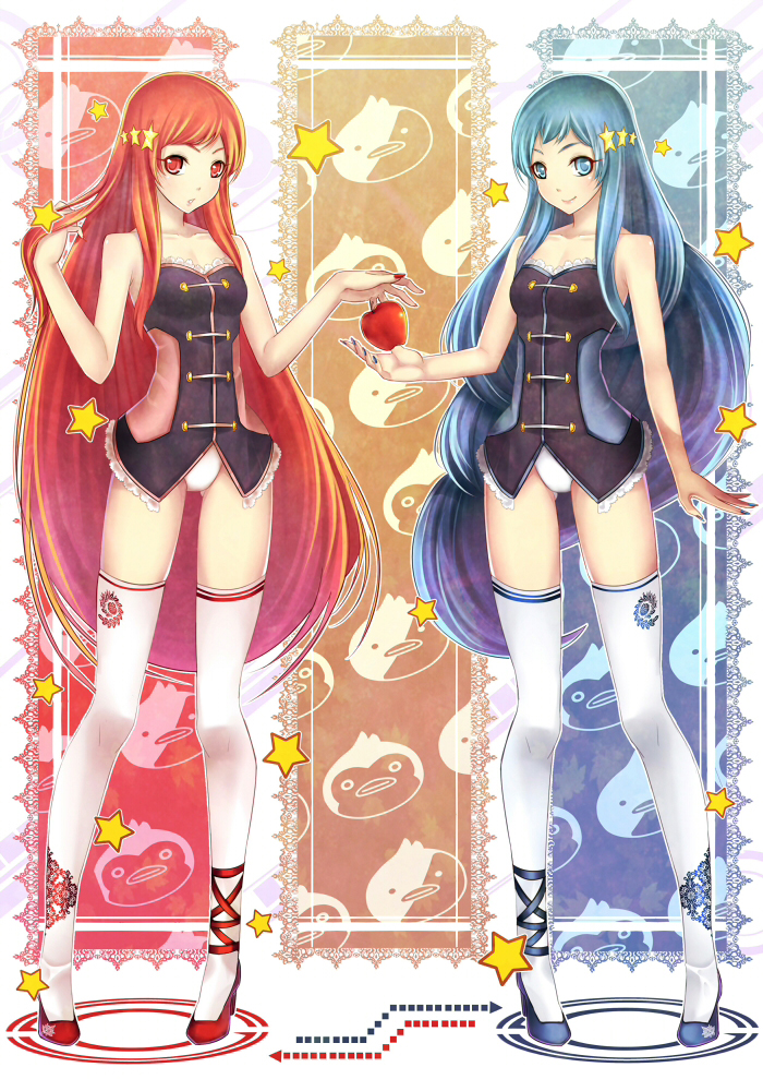 apple, bad_id, bare_shoulders, blue_eyes, blue_hair, collarbone, cosplay, food, fruit, genderswap, hair_ornament, isora_hibari, isora_hibari_(cosplay), kugi_ta_hori_taira, long_hair, mawaru_penguindrum, multiple_girls, pigeon-toed, pigeon_toed, red_eyes, red_hair, redhead, star, takakura_kanba, takakura_shouma, thigh-highs, thighhighs, utada_hikari, utada_hikari_(cosplay), very_long_hair, white_legwear