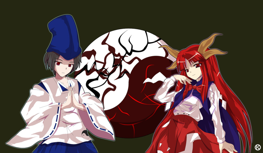 black_hair, hands_clasped, hat, horns, japanese_clothes, kaoru_(gensou_yuugen-an), long_hair, parody