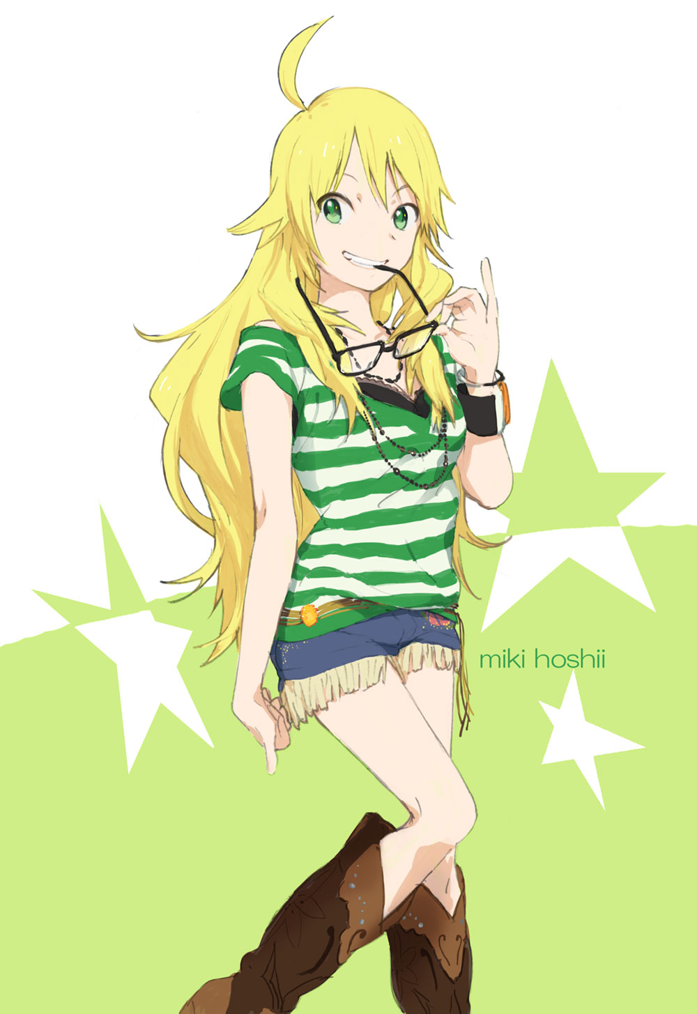 ahoge, blonde_hair, boots, glasses, green_eyes, highres, hoshii_miki, idolmaster
