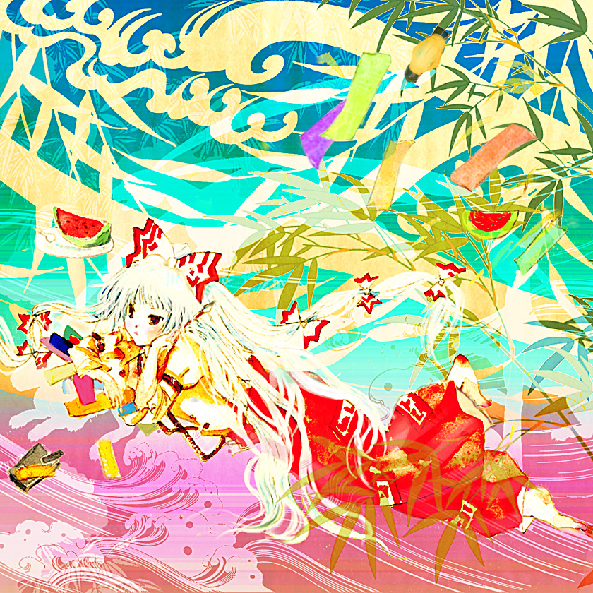 fujiwara_no_mokou, hair_ribbon, mirin_wb, mirin_wv, red_eyes, ribbon, solo, tanabata, touhou, white_hair