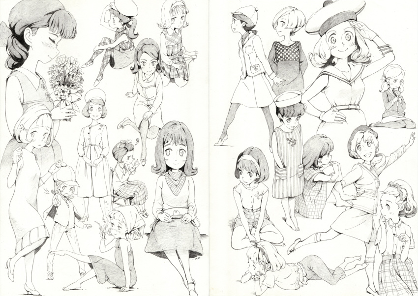 barefoot, blouse, fashion, hat, highres, ishida_hiroyasu, monochrome, multiple_girls