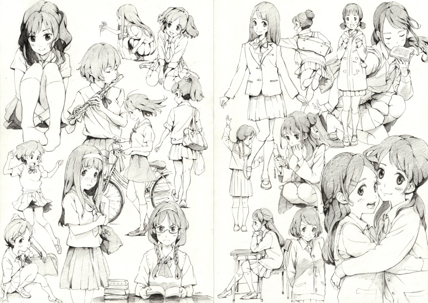 bag, bicycle, blazer, flute, highres, instrument, ishida_hiroyasu, monochrome