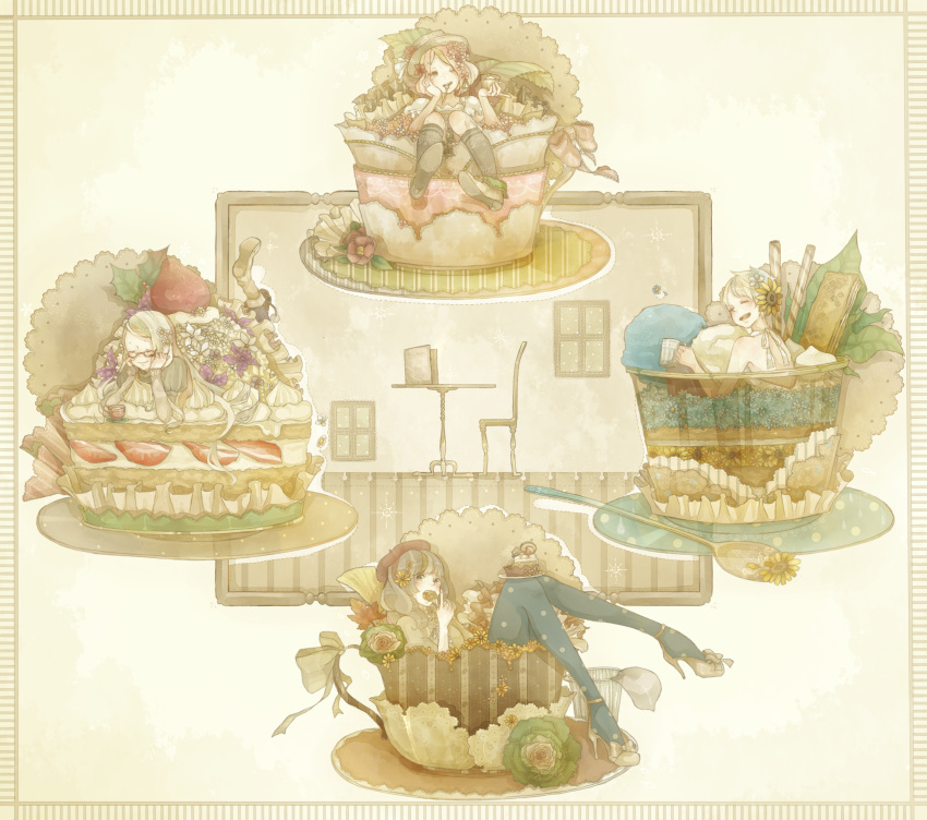 beret, black_legwear, boots, bow, cake, chair, chin_rest, closed_eyes