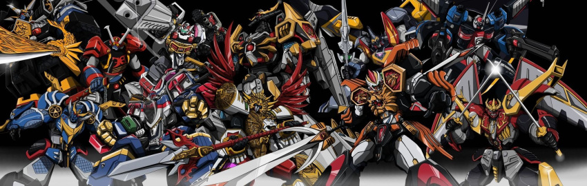 battle_fever_robo, chousei_kantai_sazer-x, chouseishin_series, dekaranger_robo, dekaranger_robo_full_blast_custom, dekawing_robo, dual_wielding, genseishin_justikaiser, genseishin_justirisers, genseishin_ken-riser, genseishin_nin-riser, gun, highres, katana, magi_king, magi_legend, mahou_sentai_magiranger, mecha, monmon_(monban), muteki_shogun, ninja_sentai_kakuranger, no_humans, polearm, ryuuseishin_great-lio, sheath, spear, super_dekaranger_robo, super_sentai, sword, tokusou_sentai_dekaranger, weapon, wings
