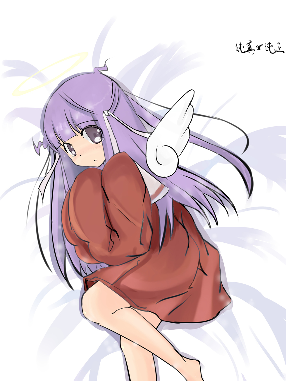 bed, goddess, hair_ribbon, halo, highres, kami_nomi_zo_shiru_sekai, minerva_(kaminomi), oversized_clothes
