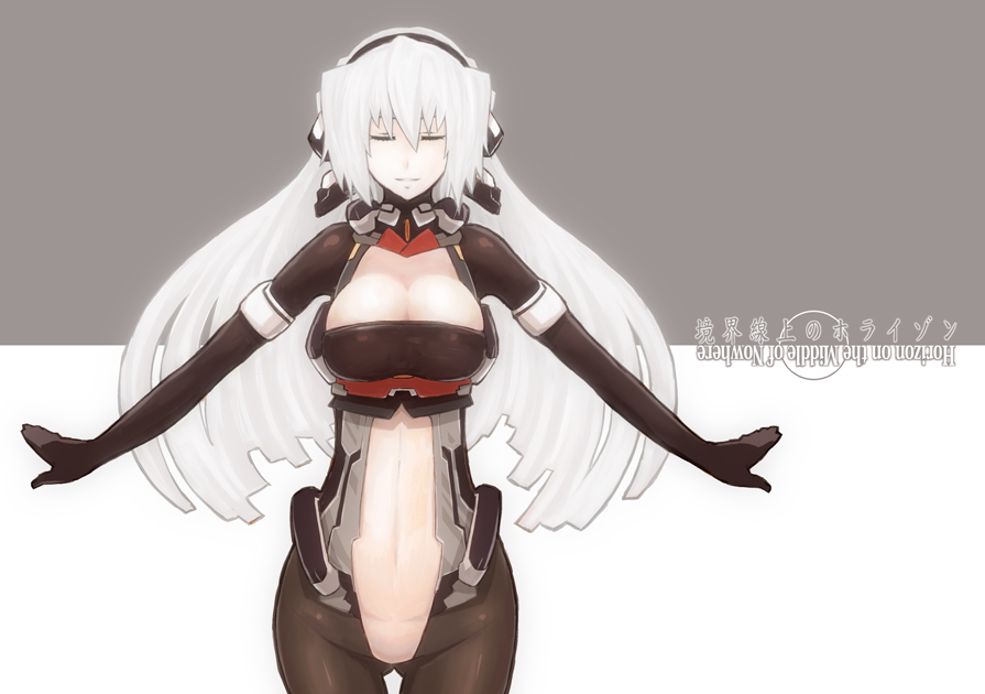 breasts, closed_eyes, eyes_closed, horizon_ariadust, kosumone, kyoukai_senjou_no_horizon, large_breasts, long_hair, pantyhose, silver_hair