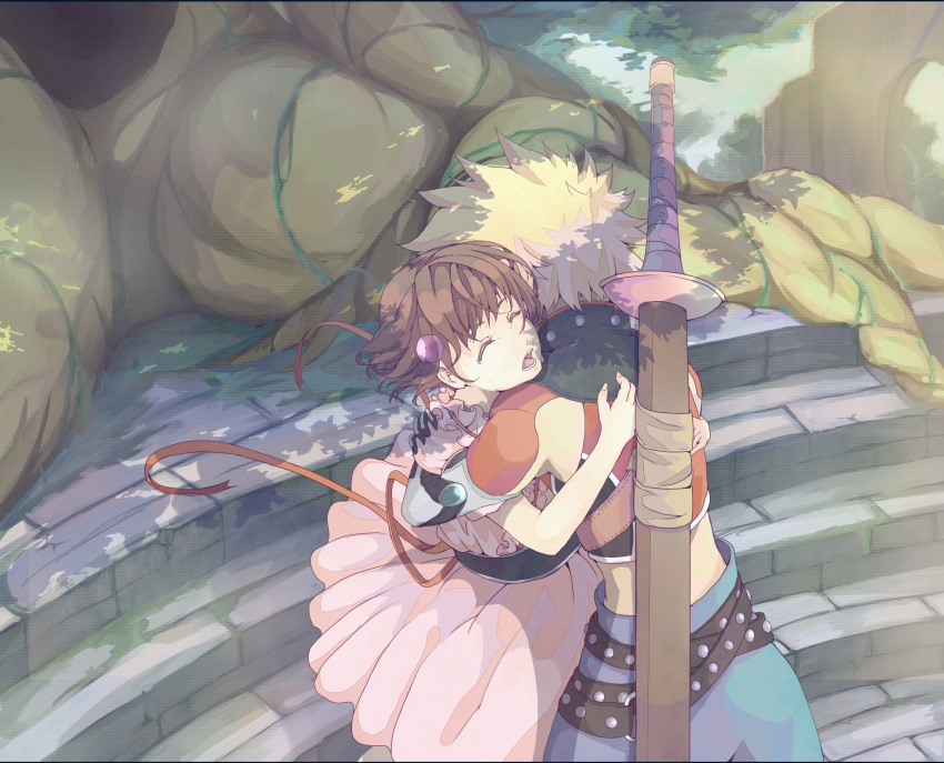 1girl, blonde_hair, brown_hair, couple, dress, from_above, hair_ornament, hairpin