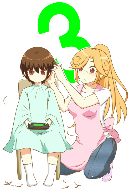age_difference, b_(kana0816), brown_eyes, brown_hair, chair, cutting_hair, glasses, haircut