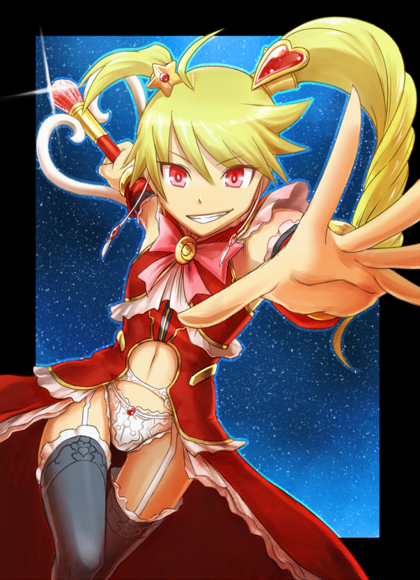 blonde_hair, foreshortening, grin, hair_ornament, long_hair, midriff, navel, nyaasora