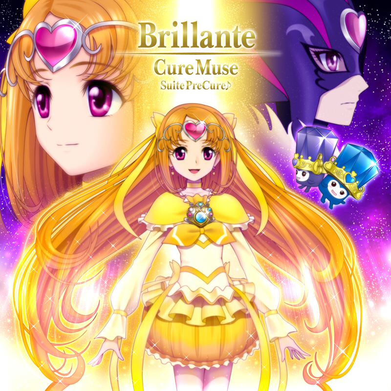 3girls, bow, brooch, bubble_skirt, character_name, choker, circlet, cure_muse