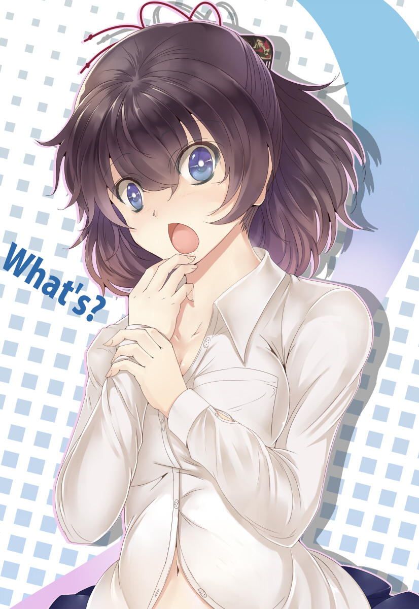 black_hair, blue_eyes, blush, dress_shirt, engrish, hand_to_mouth, highres, looking_at_viewer, navel, original, pregnant, ranguage, shirt, solo, sts, surprised