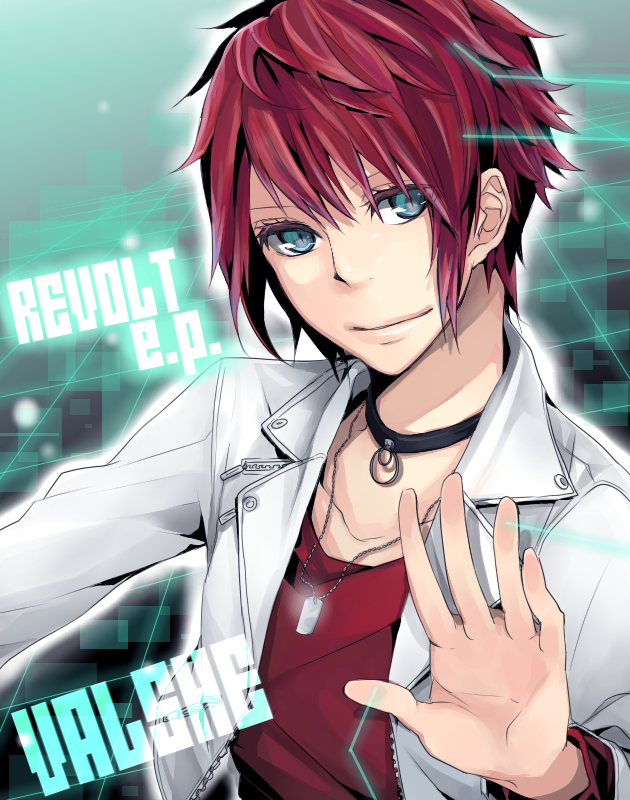 androgynous, blue_eyes, character_name, dog_tags, fingers, jacket, light_smile, male